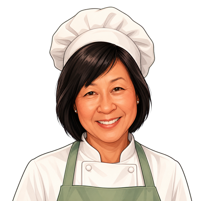 Sue wearing a chef's hat and apron